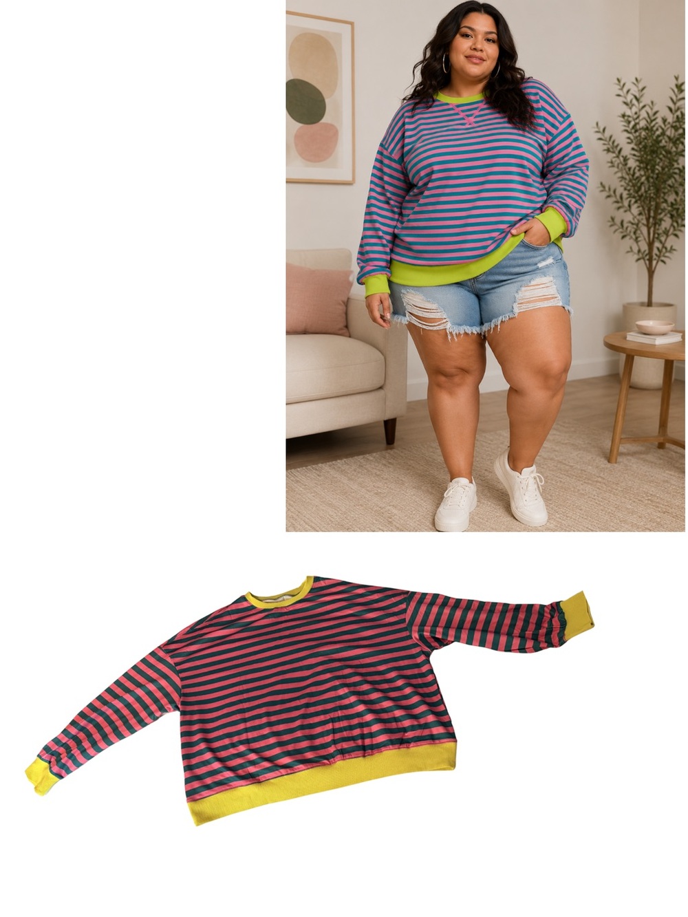 Striped Crewneck Sweater in Pink & Blue with Lime Trim